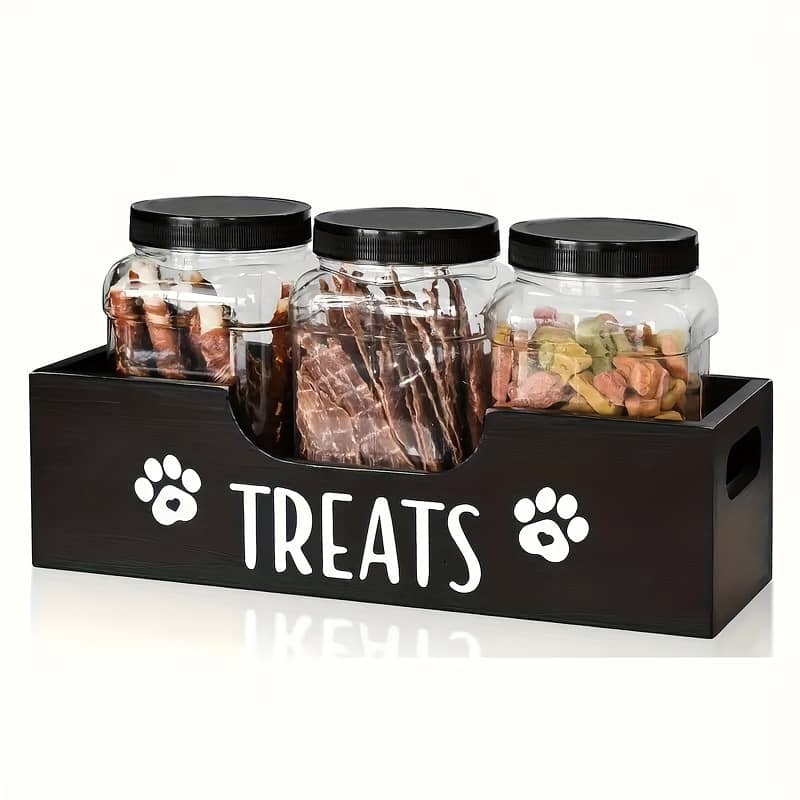 1pc Wooden Pet Treat Holder With 3 Airtight Plastic Jars – Uncharged Container For Food Storage – Wood Material Farmhouse Style Organizer For Pet Treats Dogs Shop Online at Dubai Trades 2