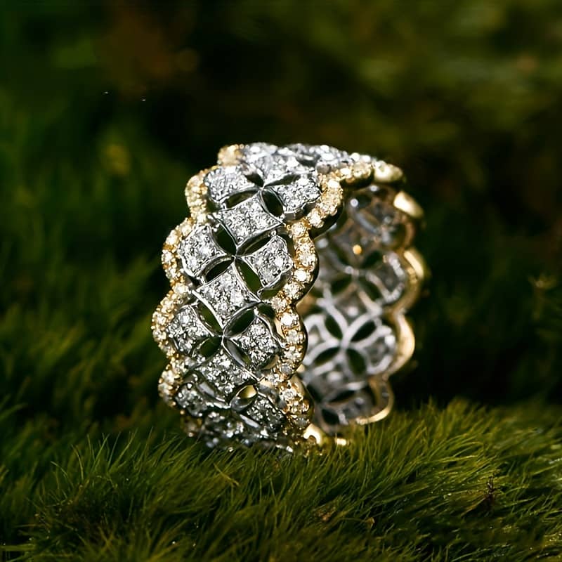 1pc Youhaocc Luxurious Golden-tone Hollowed-out Floral Pattern Ring With Sparkling Zirconia – Elegant , For & Bands Shop Online at Dubai Trades 2