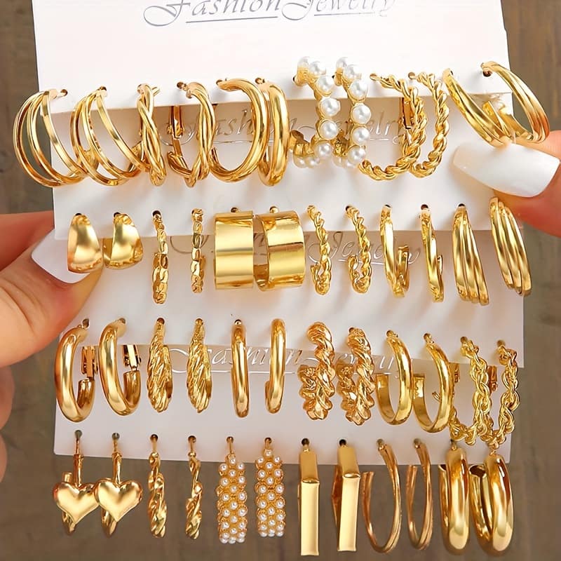 24pcs Golden- Hoop Earring Set – Vintage & Minimalist Style With Pearl Accents, Alloy Twisted Chain Designs For Everyday & Festive Wear, Small Hoop Earrings Clothing, Shoes & Jewelry Shop Online at Dubai Trades 2