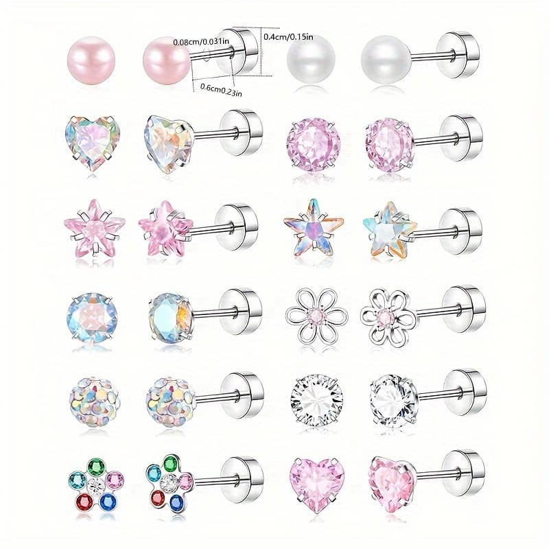 24pcs Stainless Steel Cartilage Earrings Tragus Piercings Hypoallergenic Stud Earrings For Women Girls Flat Back Earring With Screw With Gift Box Clothing, Shoes & Jewelry Shop Online at Dubai Trades 2