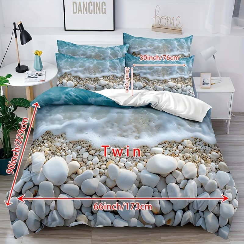 3pcs Beach Pebble Bedding Set – Soft & Breathable Polyester Duvet Cover And Pillowcases, And Pattern, Zip Closure, Machine Washable For Bedroom Or Bedding Shop Online at Dubai Trades 2