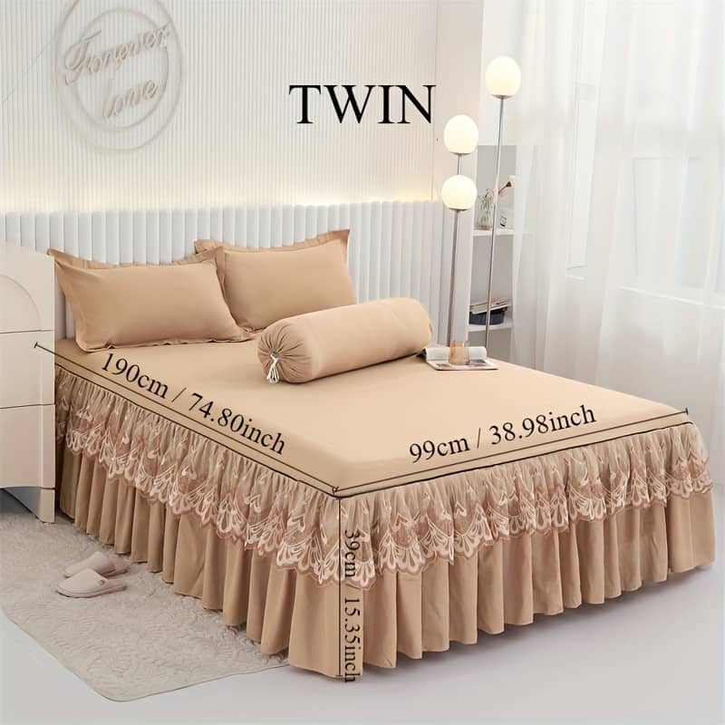3pcs Bed Skirt Set (bed Skirt * 1+pillowcase * 2, Without Core), Solid Color Double-layer Lace Bed Sheet And Bedspread, All Season Universal Non-slip Bedding Set Bed Skirts Shop Online at Dubai Trades 2