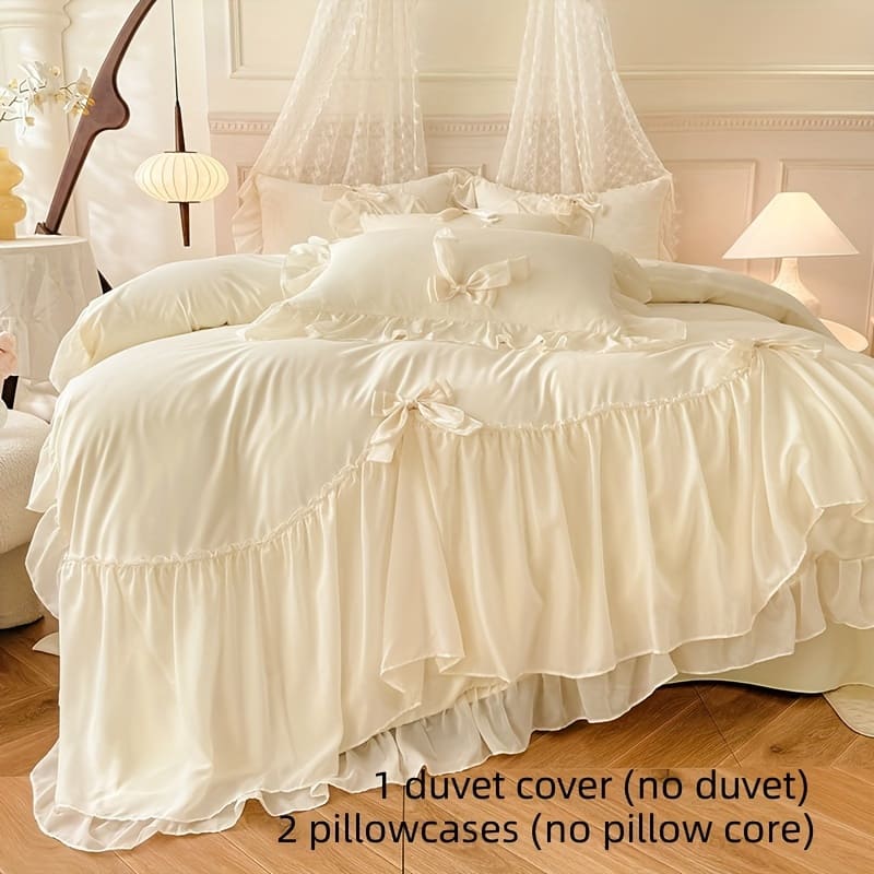 3pcs Beige White Duvet Cover Set, Embellished, Solid Color, Zipper Closure, Machine Washable, Polyester 100%, Woven Fabric, 140-160g – No Insert Included Bedding Shop Online at Dubai Trades 2