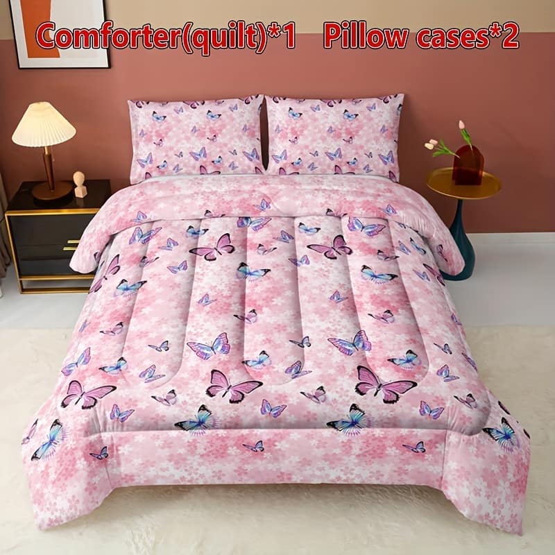 3pcs Pink Butterfly Quilt Set – Soft, Lightweight & Breathable Summer Bedding With 1 Quilt And 2 Pillowcases (no Insert) – Home Or Dorm Bedding Shop Online at Dubai Trades 2