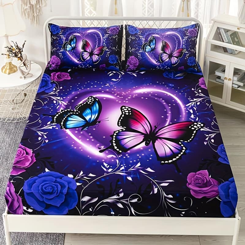 3pcs Sheet Set, Purple Print Mattress , Comfortable Breathable Bedding Set With Pocket, For Bedroom School Dorm Decor (1* Sheet + 2*pillowcases, Without ) Bedding Shop Online at Dubai Trades 2
