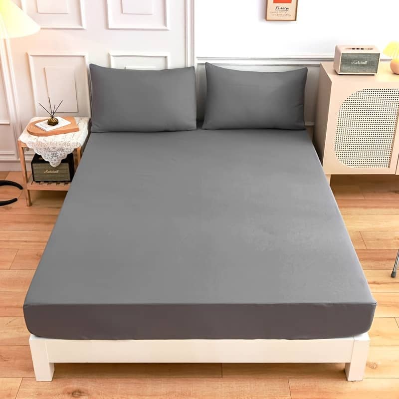 3pcs Soft Breathable Fitted Sheet Set, Polyester 100%, Machine Washable, Solid Color, Includes 1 Fitted Sheet & 2 Pillowcases, , Sanded , 90g Fabric Weight, 30-34cm Deep Pocket Bedding Shop Online at Dubai Trades 2