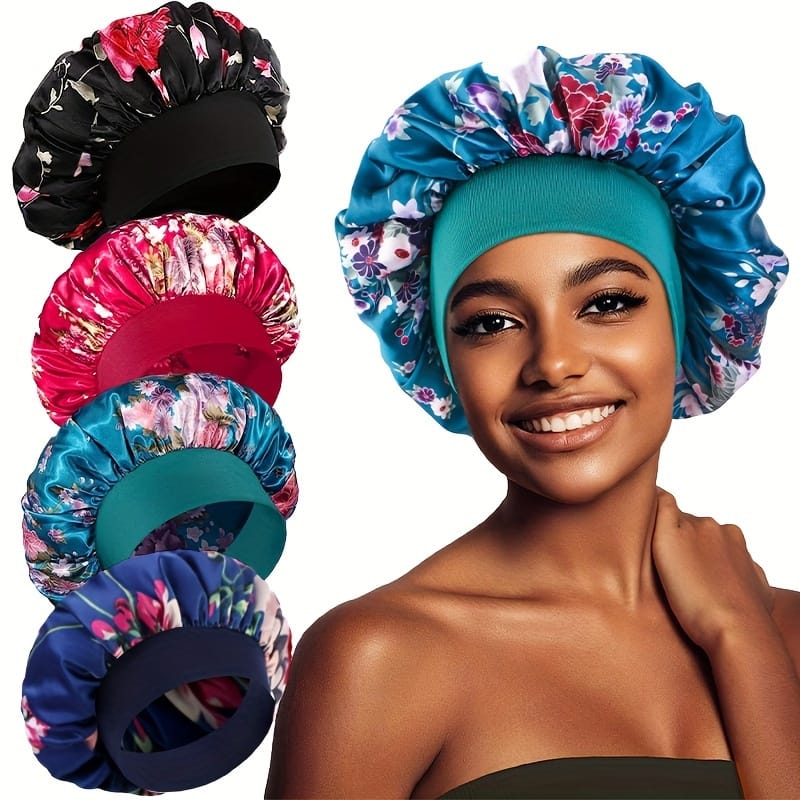 4-piece Wide-brim Satin Print Sleep Caps – Curly Hair – No Fragrance – Knit Fabric – Hair Care Accessories Beauty & Personal Care Shop Online at Dubai Trades 2