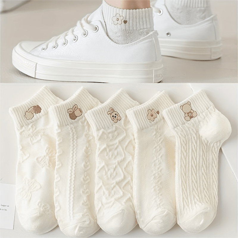 5 Pairs Of Cartoon Patterned Ankle Socks, Cute And Breathable Woven Embossed Socks Short Socks, Women’s Stockings And Socks Accessories Shop Online at Dubai Trades 2
