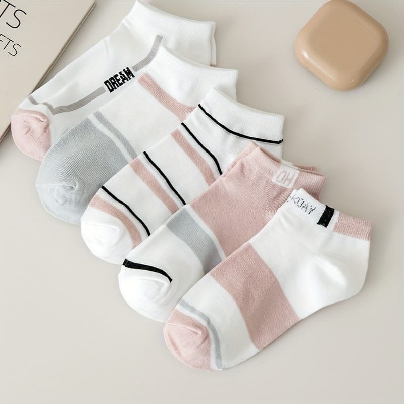5 Pairs Of Women’s Summer Short Socks, Striped Breathable Color-mixing Boat Socks, Pink ‘s Socks Accessories Shop Online at Dubai Trades 2