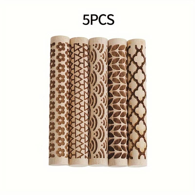 5-piece Embossed Rolling Pins Set – Wood – Patterned Dough Rollers For Baking, Pottery, Crafts – Textured Tools For Diy Projects Bakeware Shop Online at Dubai Trades 2