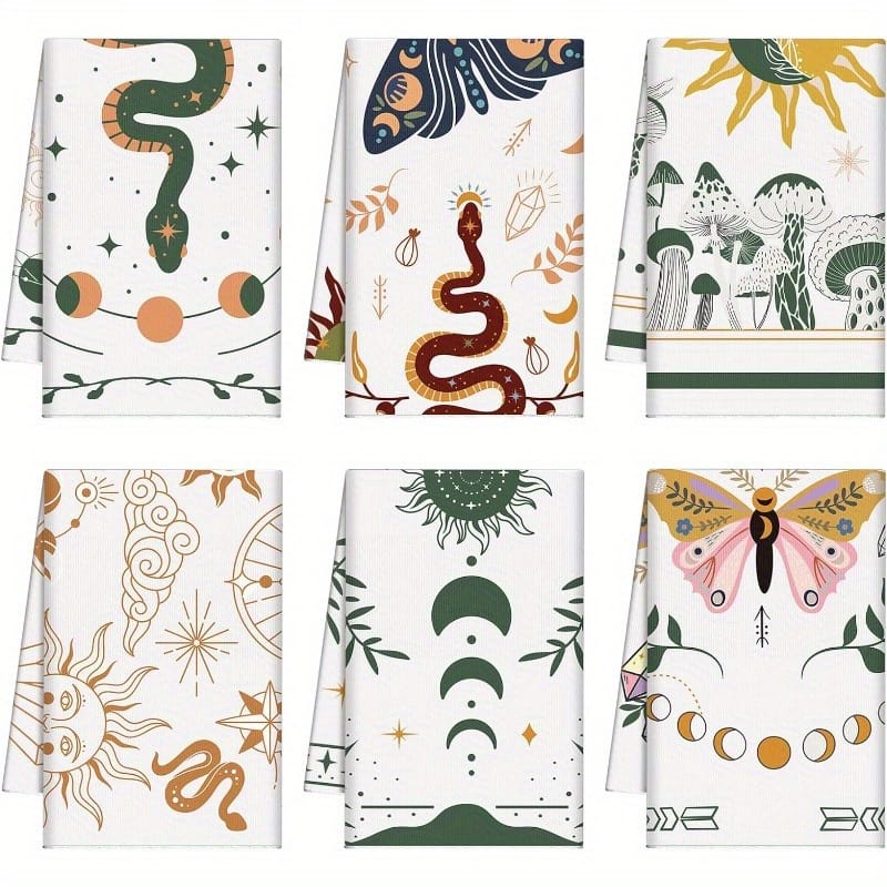 6pcs Boho Chic Kitchen Towel Set – Soft, Absorbent Polyester Dish & Tea Towels With Star, Mushroom, Moon Designs – Home , 18×26 Inches, Dish Towels Dish Cloths & Dish Towels Shop Online at Dubai Trades 2