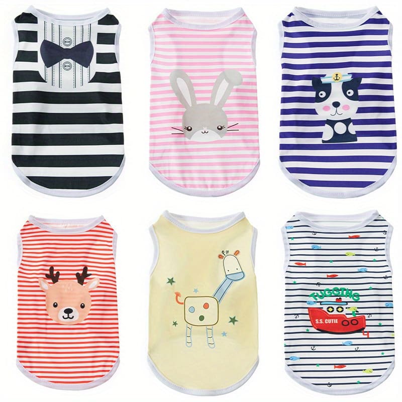 6pcs Cute Cartoon Print Pet Clothes – Breathable Striped Vest T-shirt For Small And Medium Dogs And Cats Apparel & Accessories Shop Online at Dubai Trades 2