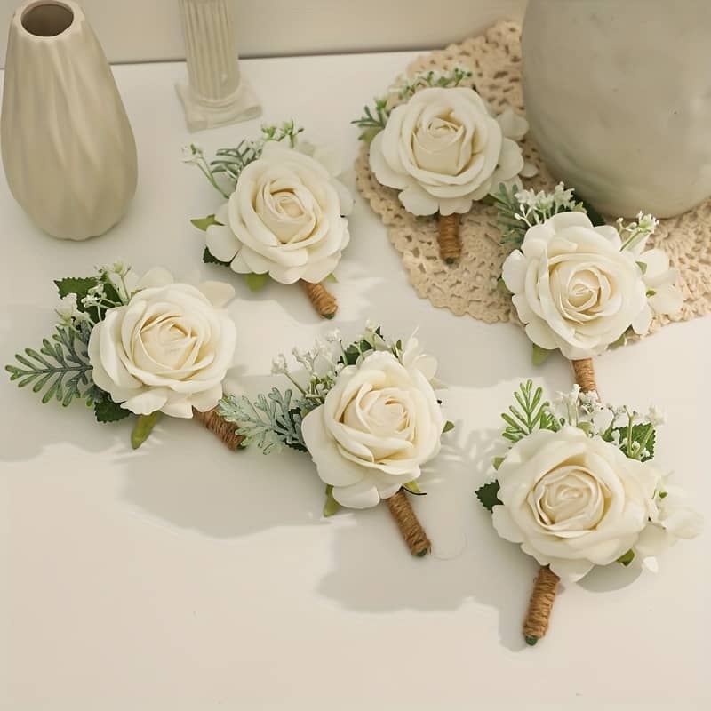 6pcs Elegant White Rose Boutonniere Set With Greenery – Ideal For Wedding & Party Attire, Artificial Flower Corsages, Wedding Accessories Accessories Shop Online at Dubai Trades 2