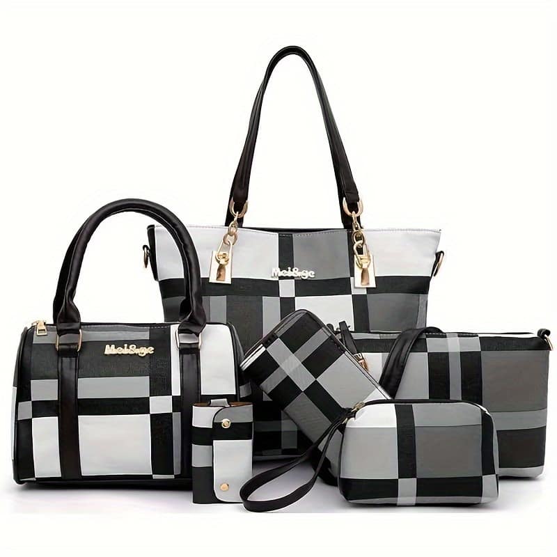 6pcs/set Large Capacity Checkered Pattern Shoulder Bag With Simple Handbag, Crossbody Bag, Clutch Bag, Long & Short Wallet Briefcases Shop Online at Dubai Trades 2