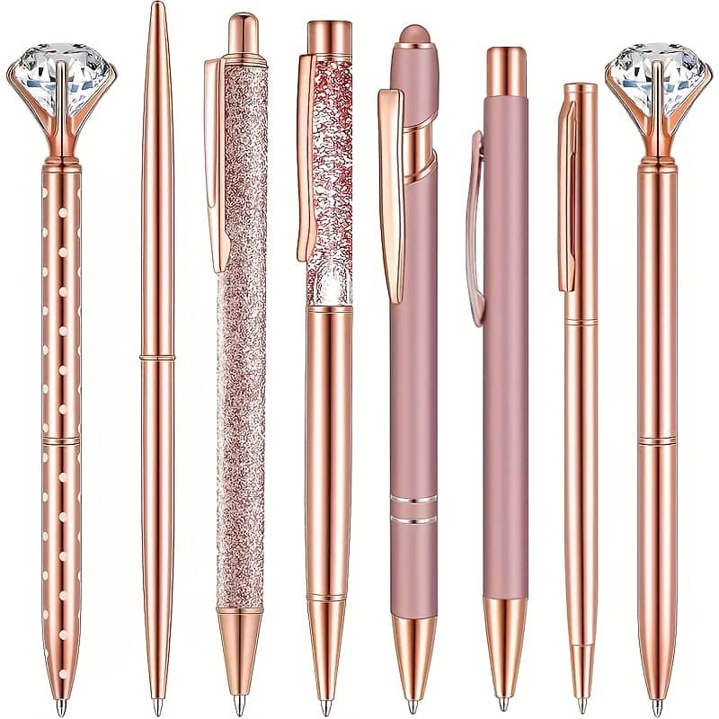 8pcs, 8pcs Rose Golden Metal Pen Set – Fashionable Metal Pens With Decoration – Students, Office, Gifts And Weddings Ballpoint Pens Shop Online at Dubai Trades 2