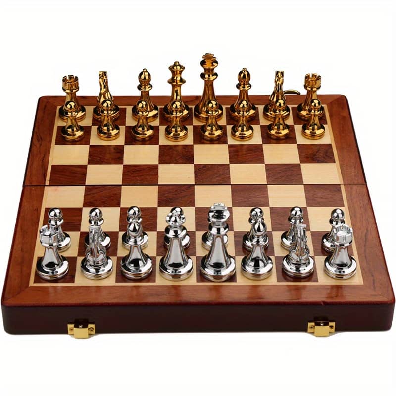 A Luxurious Silvery Chess Set With A Wooden Folding Chessboard, Featuring Alloy Pieces For A Heavier Feel. Board Games Shop Online at Dubai Trades 2