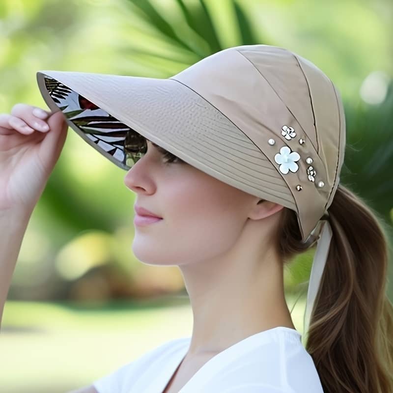 Beaded Flower Decor Visor Hats Trendy Solid Color Summer Sun Hat Foldable Uv Protection Visors For Women Daily Uses Outdoor Accessories Shop Online at Dubai Trades 2