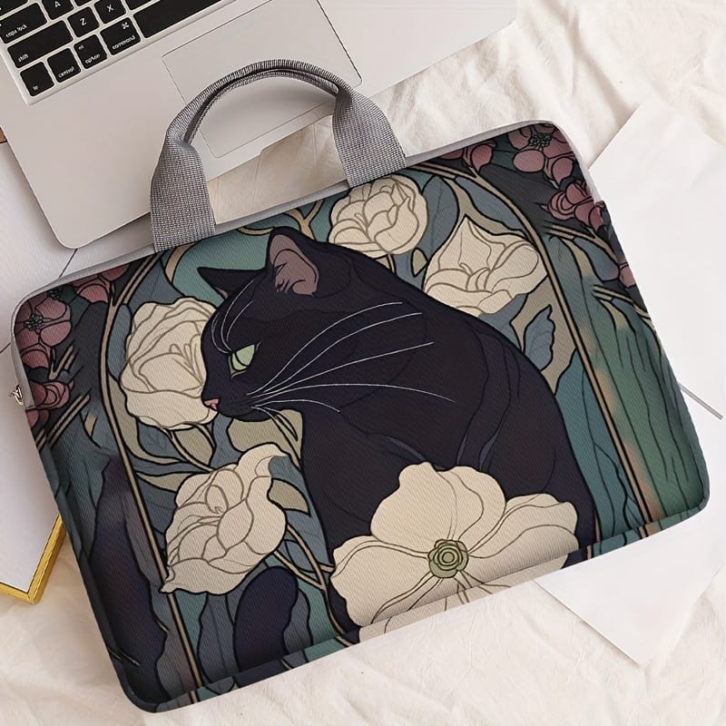 Black Cat With Peonies Laptop Sleeve – 14.96″ Compatible, Zip Closure, Printed Polyester, Suitable For Office, College, And Daily Commute Briefcases Shop Online at Dubai Trades 2
