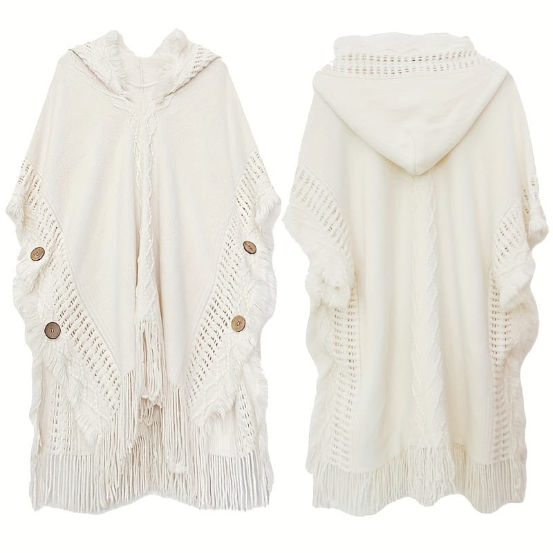 Bohemian Style Fringed Poncho Cape, Women’s Knitted Sweater With Hood, Casual Pullover Shawl For Spring/autumn Travel, – White Accessories Shop Online at Dubai Trades 2