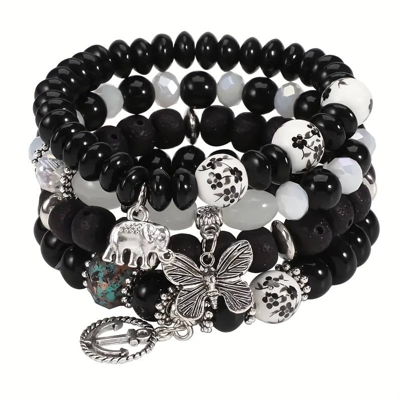 Bohemian Style Layered Beaded Bracelet With , Boat & Elephant Pendants, Foldable Stackable Medium Charm Jewelry For Summer Beach Bracelets Shop Online at Dubai Trades 2