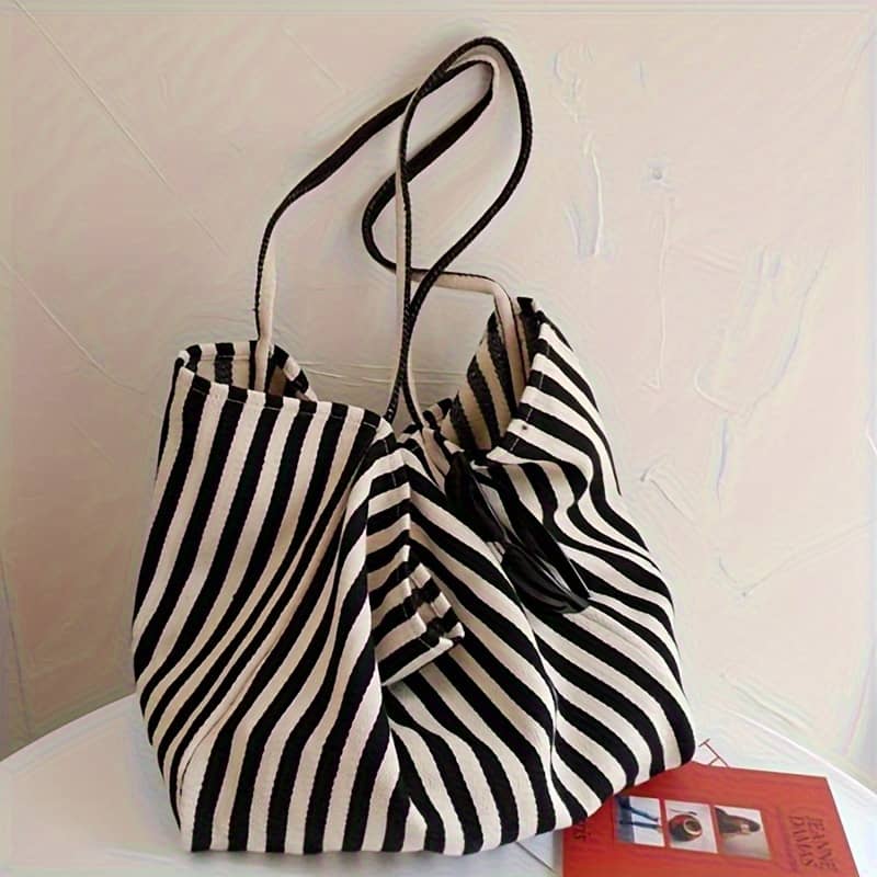 Chic Striped Canvas Tote- Spacious & Versatile- Ideal For Work, School Or Baby Products Shop Online at Dubai Trades 2