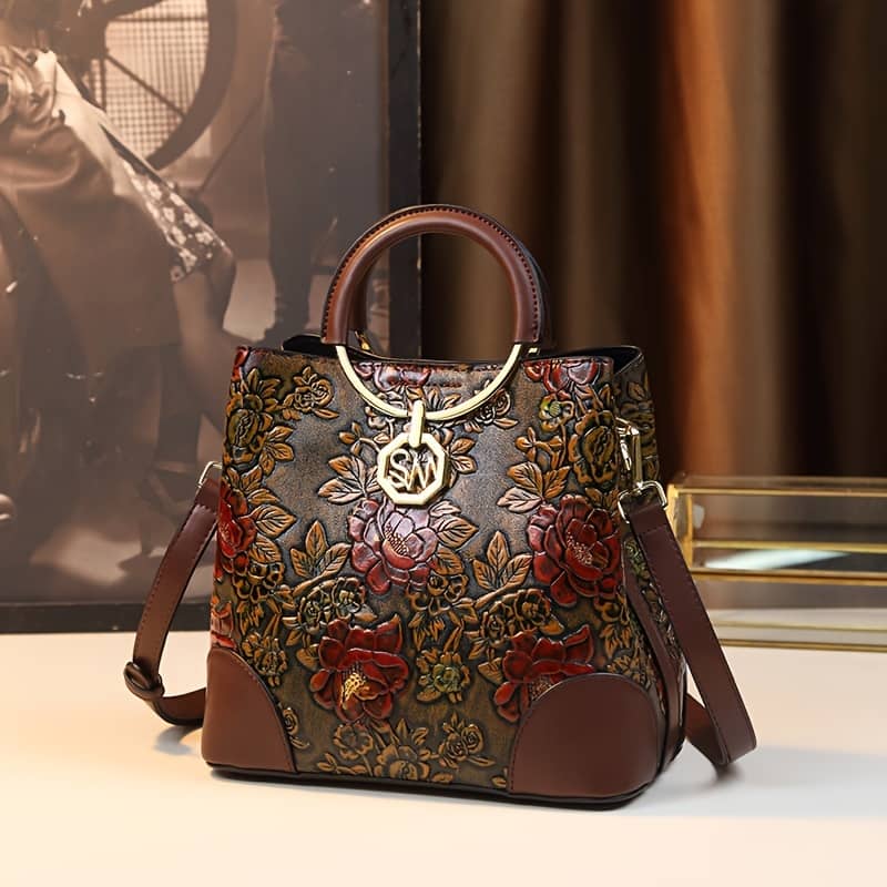 Elegant Vintage Floral Embossed Women’s Handbag – Brown Bucket Bag With Detachable Shoulder Strap, Golden-tone Hardware & Decorative Metal “s” Initial, Fade-resistant Design Clothing, Shoes & Jewelry Shop Online at Dubai Trades 2