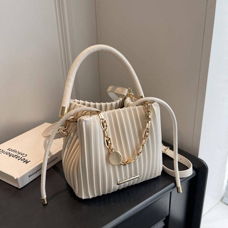 Elegant White Pleated Bucket Bag For Women – Chic Summer Crossbody Shoulder Handbag With Golden-tone Hardware & Braided Handle, Versatile All-, Ladies Handbags Clothing, Shoes & Jewelry Shop Online at Dubai Trades 2
