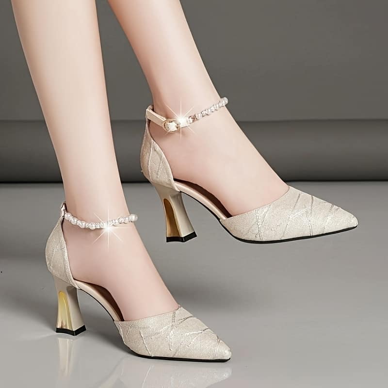 Elegant Women’s Pearl Strap Sandals – Pointed Toe, Mid-high Heel, Solid Color With Sparkling Accents, Weddings & Parties, Ladies Sandals Clothing, Shoes & Jewelry Shop Online at Dubai Trades 2