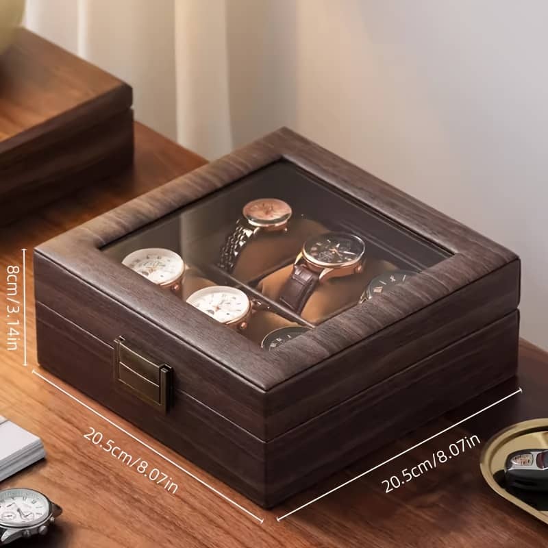 Elegant Wood Grain Leather Watch Storage Box – 4-slot Dustproof Display Case With , Closure For Home & Retail Use, Decorative Storage Box Cabinets & Cases Shop Online at Dubai Trades 2