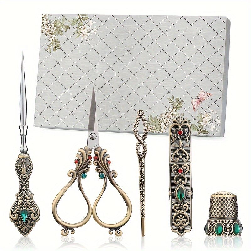 European Antique Vintage Embroidery Scissors Set, Decorative Metal Craft Sewing Kit With Needle Box, Thimble, And Sewing Awl For Needlework Arts, Crafts & Sewing Shop Online at Dubai Trades 2
