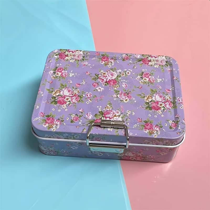 European Style Printed Buckle Small Iron Box Double Layer Storage Box For Jewelry And Cards With Floral Lid Storage Box Decorative Accessories Shop Online at Dubai Trades 2