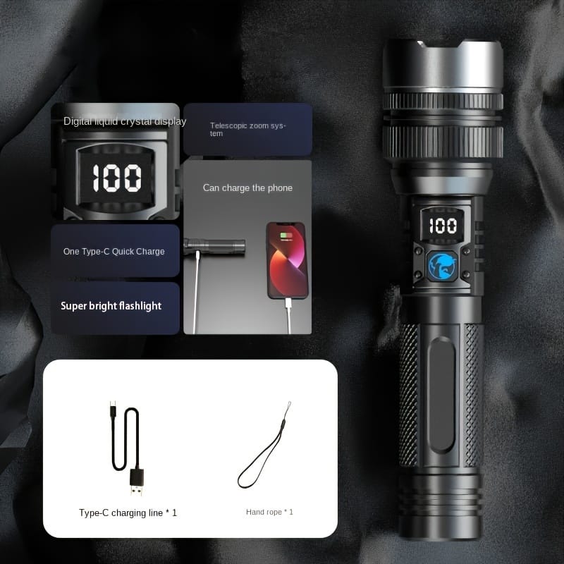 Flashlight, Digital Display Aluminum Alloy Flashlight – Usb Rechargeable, For Outdoor Emergency Lighting Camping & Hiking Shop Online at Dubai Trades 2