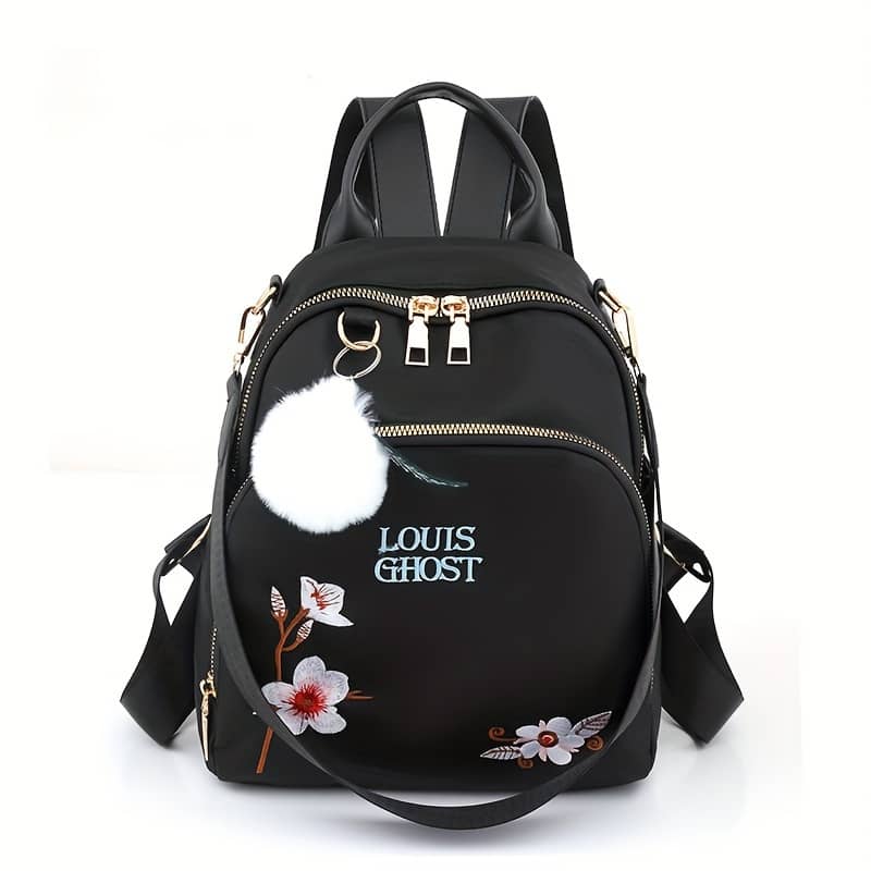 Floral Embroidered Large Capacity Women’s Backpack With Adjustable Strap, Foldable Nylon Shoulder Bag With Polyester Lining And Zip Closure, Backpack, Pom-poms Clothing, Shoes & Jewelry Shop Online at Dubai Trades 2