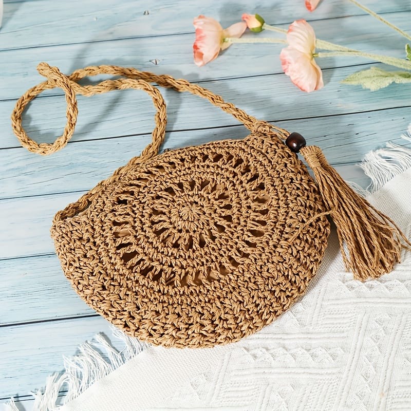 Handmade Woven Round Straw Bag, Boho Tassel Decor Crossbody Bag, Fashion Hollow Out Beach Bag For Travel Holiday Clothing, Shoes & Jewelry Shop Online at Dubai Trades 2