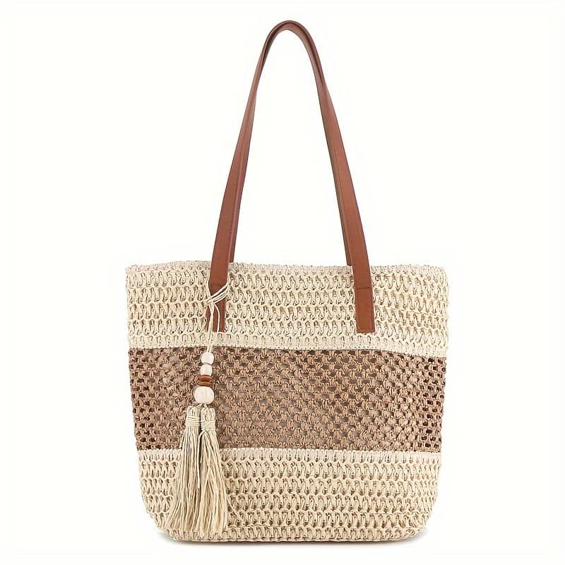 Handmade Woven Straw Tote Bag For Women – Lightweight Summer Beach Vacation Shoulder Bag With Brown Handles & Tassel Detail, Design (beige & Brown), Beach Bag Clothing, Shoes & Jewelry Shop Online at Dubai Trades 2