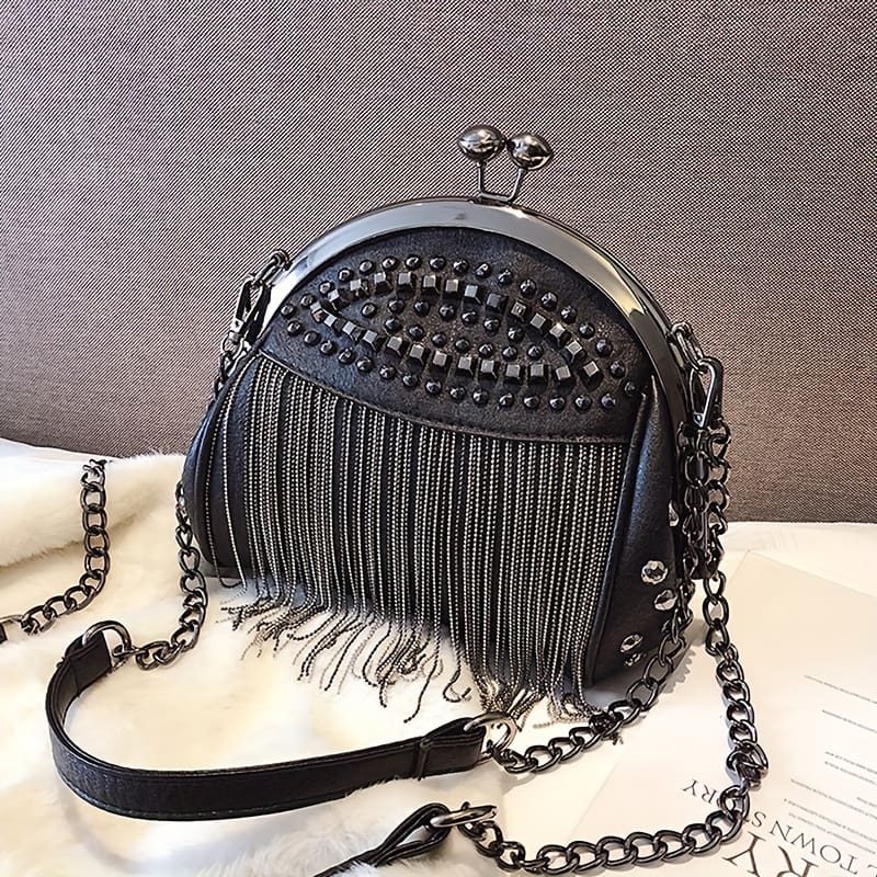 Niche Fashionable Kiss-lock Handbag, Rivets Novelty Tassel Decor Shoulder Chain Bag For Women Clothing, Shoes & Jewelry Shop Online at Dubai Trades 2