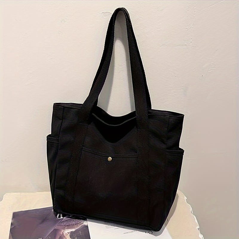 Preppy Style Large Capacity Tote Bag, Solid Color, Zipper Closure, Unlined, Shoulder Bag For Work, Commuting, College, And Book Carrying – Beige/black Clothing, Shoes & Jewelry Shop Online at Dubai Trades 2