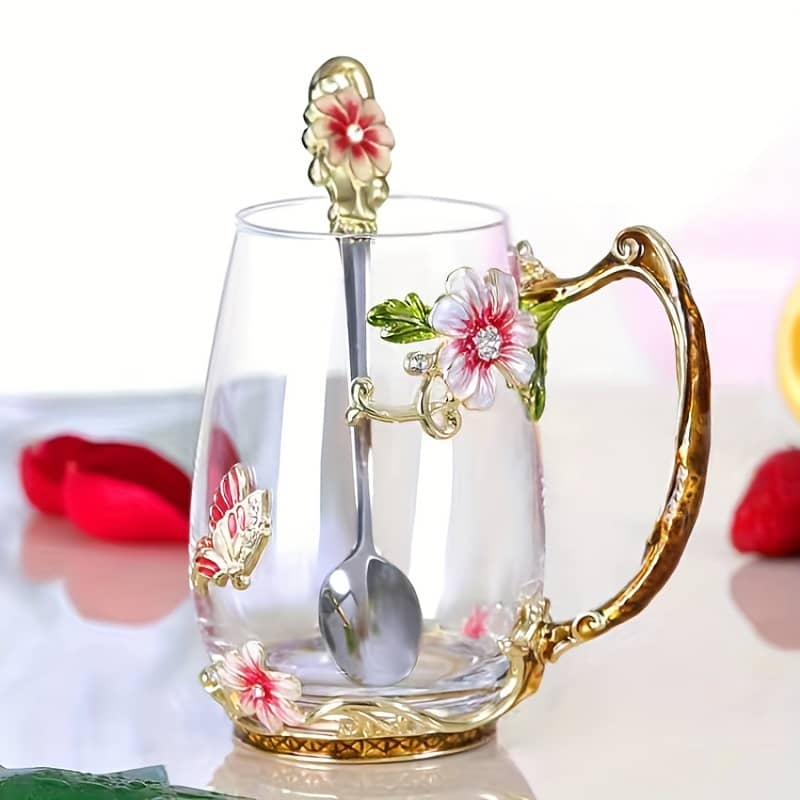 Short And Tall 320ml/350ml Enamel Color Flower Tea Cup, Household Glass Water Cup For Office Juice Cup, Gift Cup Suitable For Office Home Party Dining & Entertaining Shop Online at Dubai Trades 2