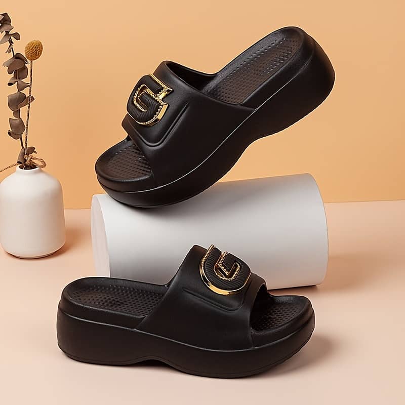 Stylish Women’s Summer Platform Slide Sandals – Thick Sole With Metallic “g” Decor, Open Toe, Mid-heel, -on, Hand Washable, Ladies Sandals Clothing, Shoes & Jewelry Shop Online at Dubai Trades 2