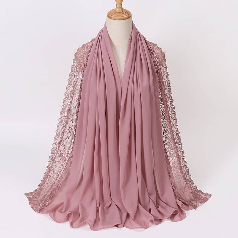 Elegant Pearl Chiffon Lace-trimmed Women’s Hijab Scarf – Breathable, Non-stretch Polyester In Solid Colors | Outdoor Events & Ramadan Accessories Shop Online at Dubai Trades 2