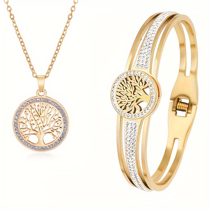 Tree Of Life Pendant Necklace And Bracelet Set, 18k Golden Plated Titanium Steel With Rhinestones, Classic Cute Style Jewelry For Daily And Party Occasions – 2 Piece Set Clothing, Shoes & Jewelry Shop Online at Dubai Trades 2