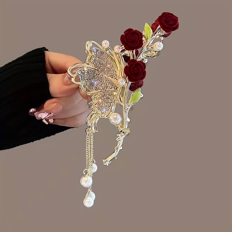 Vintage-inspired Hair Clip With Pearls & Rhinestones – Red And Golden, Alloy With Tassel Accents For Women, Hair Accessories Clothing, Shoes & Jewelry Shop Online at Dubai Trades 2