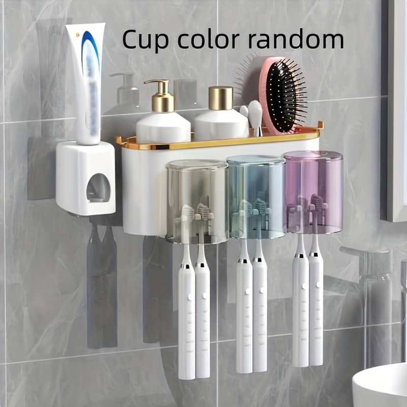 Wall-mounted Toothbrush Holder With Cup – Space-saving Bathroom Organizer For Toothpaste & Brushes, Plastic Bath Shop Online at Dubai Trades 2