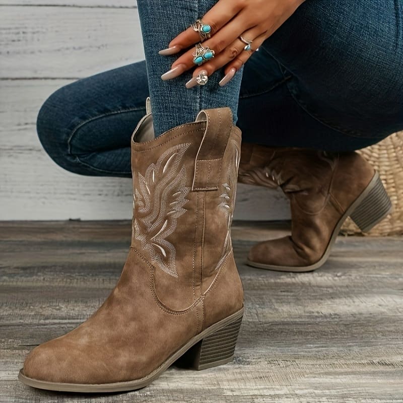 Women’s Chunky Heel Mid Calf Boots, Toe Dress Boots, Comfortable Slip On Cowboy Boots Boots Shop Online at Dubai Trades 2
