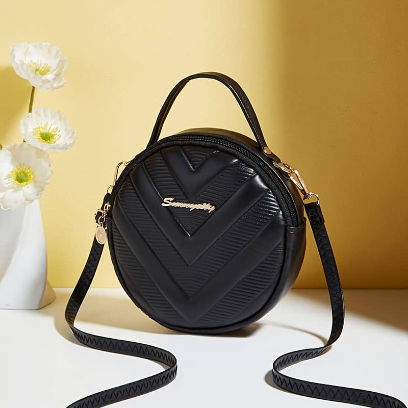 Women’s Fashion Round Crossbody Bag, Casual Shoulder Handbag With V-quilted Pattern, Elegant Small Circle Purse For Daily Essentials, With Detachable Strap Clothing, Shoes & Jewelry Shop Online at Dubai Trades 2
