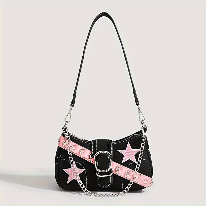 Y2k Style Shoulder Bag With Star Chain Accents, Solid Black, Removable Strap, Zipper Closure, Polyester Lined, Underarm Handbag For Casual & Occasion Wear Clothing, Shoes & Jewelry Shop Online at Dubai Trades 2