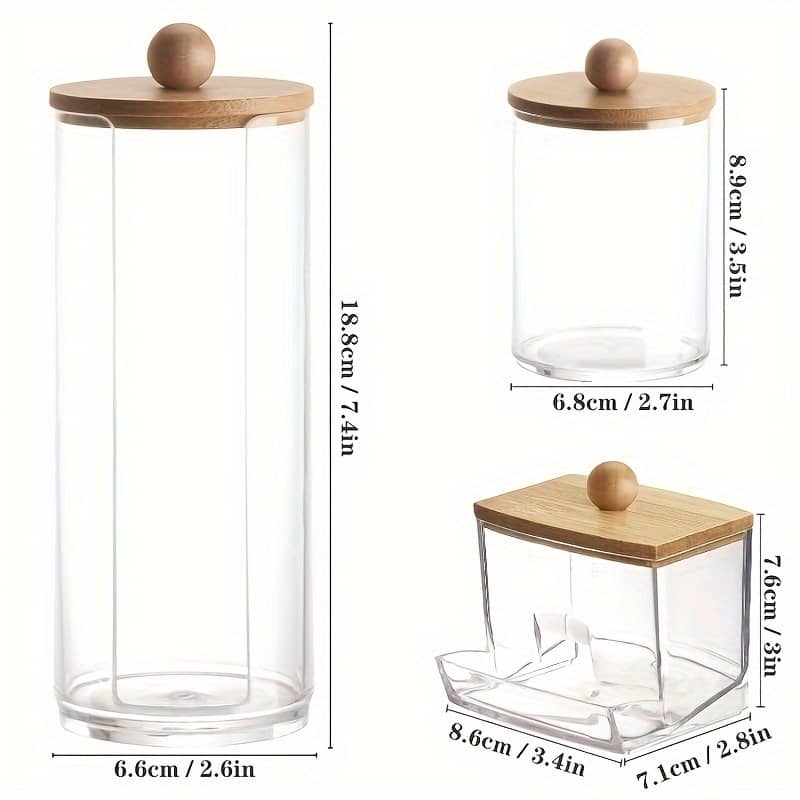 [popular ] 3pcs Boho Chic Swab Holder Set With Bamboo Lids – Clear Canisters For Swabs, Pads & Floss Storage In Bathroom, Dispenser, Ball, Storage Bins For Home Organization Bathroom Storage & Organization Shop Online at Dubai Trades 2
