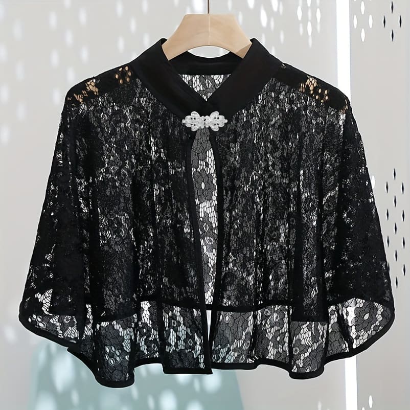 Vintage Lace Shawl With Silvery Buckle, Breathable Sun-protective Lightweight Polyester Cape For Evening Dates Accessories Shop Online at Dubai Trades 2