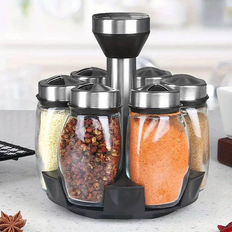 1 Set 7pcs Multifunctional Glass Spice Set, , Rotating, Glass Seasoning Sugar Pepper Bottles Salt Shakers Holder, Glass Material, With Kitchen Storage Supplie Business, Industry & Science Shop Online at Dubai Trades 2