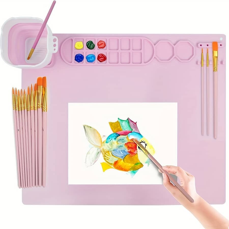 1 Set Silicone Painting Mat-20“x16” Silicone Art Mat, With 1 Pen Holder And Ten Brushes-silicone Craft Mat With 14 -2 Color Separators Pink/blue/green Accessories, Hardware & Tools Shop Online at Dubai Trades 2